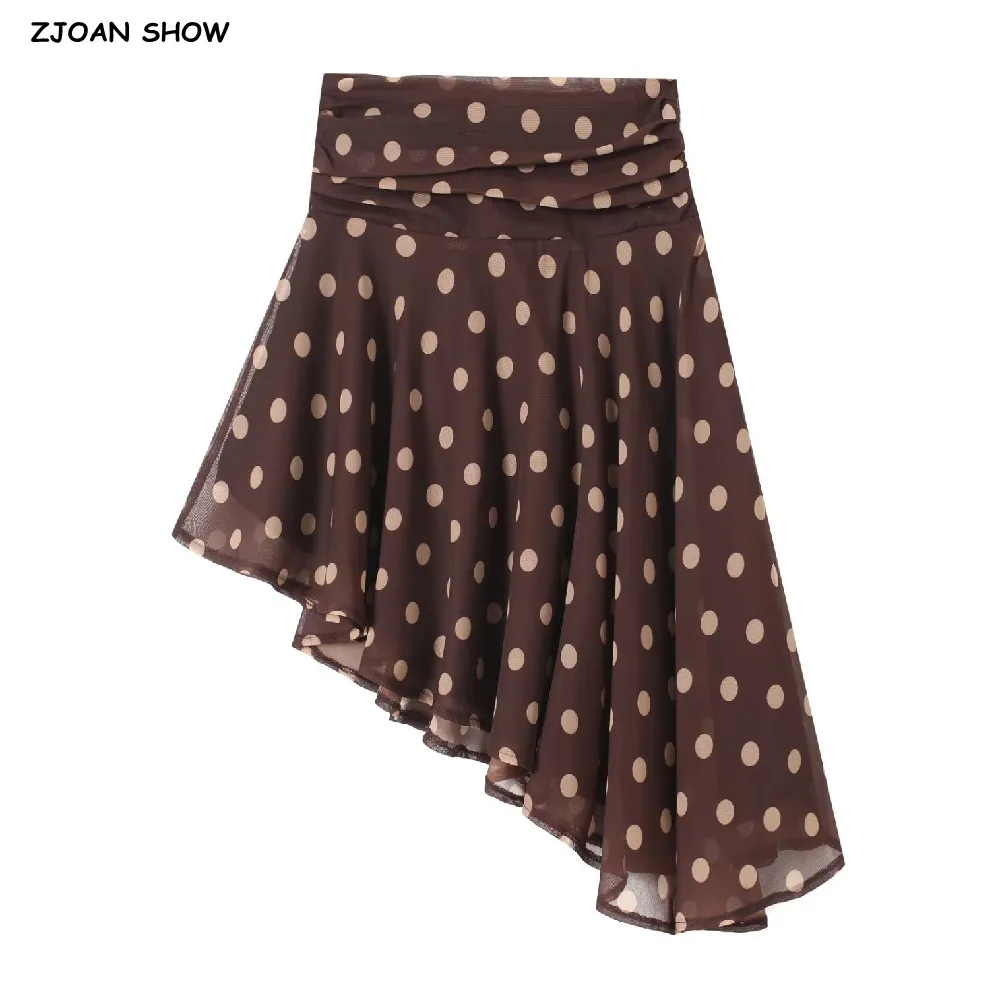 Summer Fashion Coffee Polka Dot Chiffon Asymmetry Skirts Women Side Zipper Waist Slanted hem Knee Length Swing Skirts Bottom