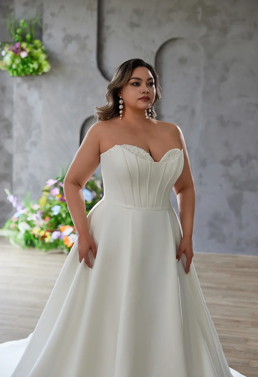 Lakshmigown Plus Size A-Linie Trägerloses Satin-Hochzeitskleid mit Perlen und Pailletten, Maßanfertigung – Detail 8
