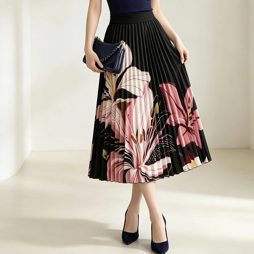Floral pleated skirt, gentle temperament for home and commuting, elegant to wear with printed skirt