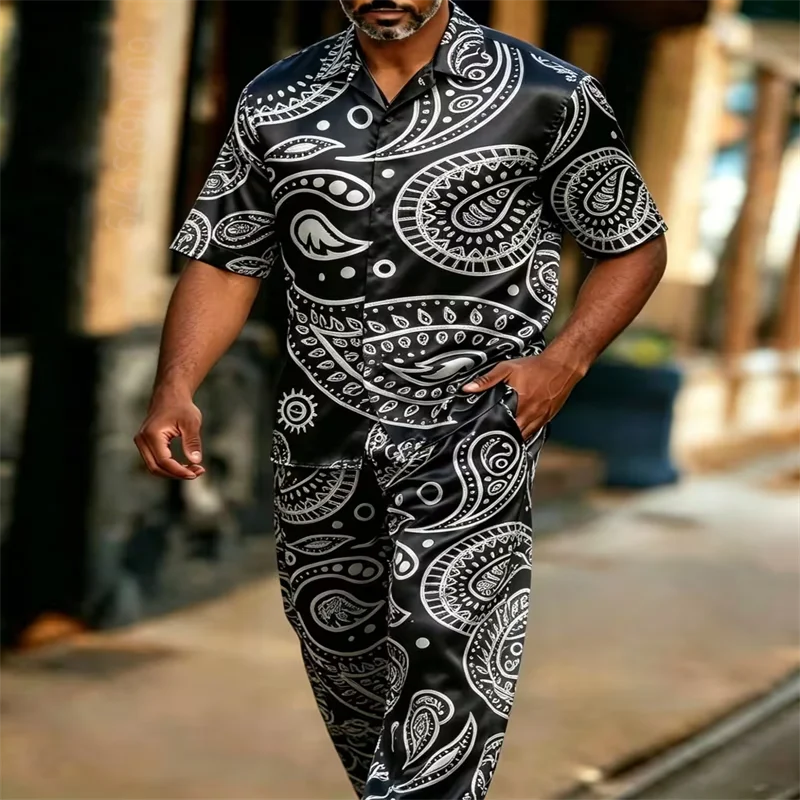 Men's Satin Paisley Print Two-Piece Set: Short-Sleeve Collared Shirt & Trousers – Vintage Ethnic-Style Casual Outfit
