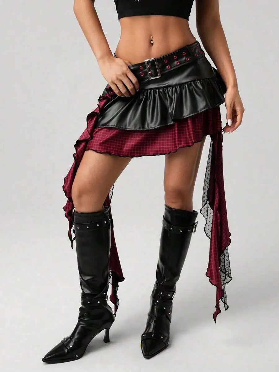 Women Black Red PU Leather Punk Plaid Asymmetrical Hem Mini Skirt With Lace Ruffles