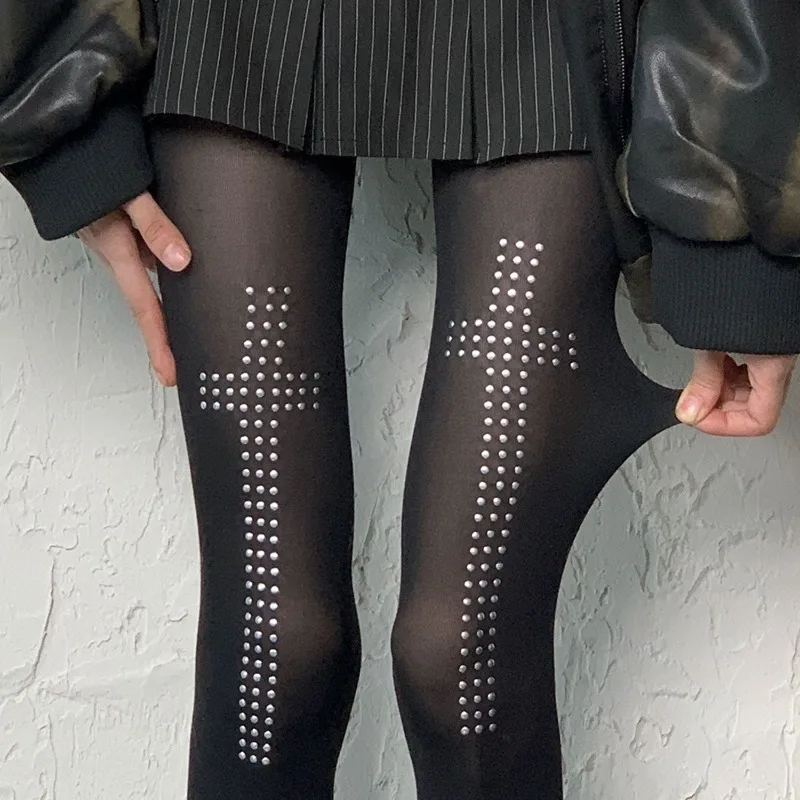 

Пряные колготки со стразами и крестом для девочек, винтажные колготки 2000-х годов в стиле Y2K, колготки для косплея, эстетические уличные сексуальные леггинсы в стиле хип-хоп