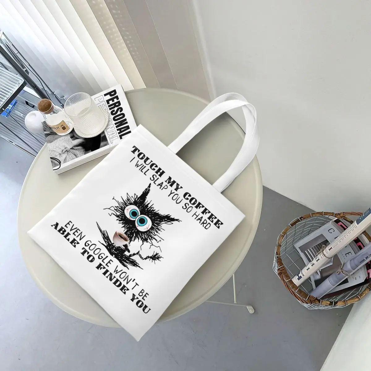 مضحك القط تلمس قهوتي سأقعك الصلب جدًا حمل الحقائب حقيبة يد قابلة للطي مضحك القط ميمي حقيبة كتف حقيبة تسوق مطبوعة