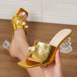 Eilyken 2024 New Design Pearl Transparent CRYSTAL High Heels Square Toe Women Slippers Summer Slides Shoes