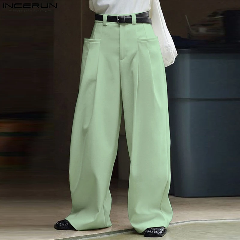 

INCERUN 2024 Korean Style Pantalons Men Personality Pleated Pocket Long Pants Casual Solid All-match Straight Leg Trousers S-5XL