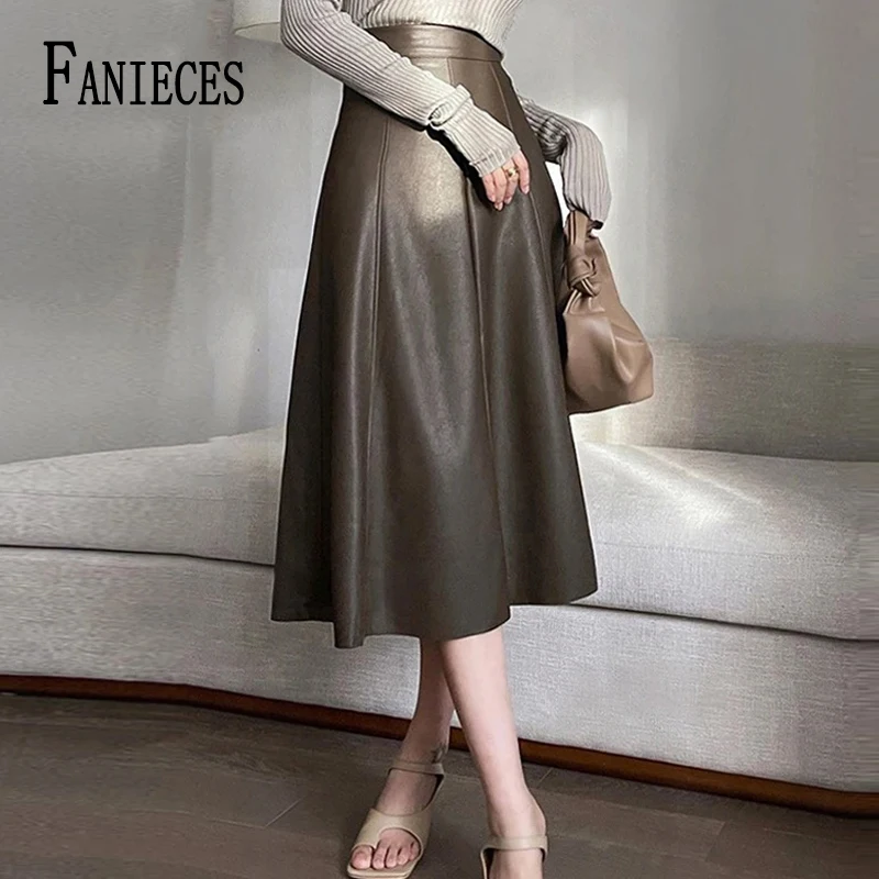 FANIECES Big Hem A-line Leather Skirt Women Gothic Autumn Winter High Waist PU Umbrella Skirt Elegant Office Lady Party Faldas