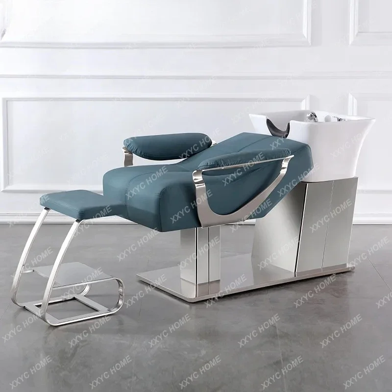 Barber shop shampoo bed Hair salon special semi-reclining ceramic basin massage head treatment bed Stainless steel flushing