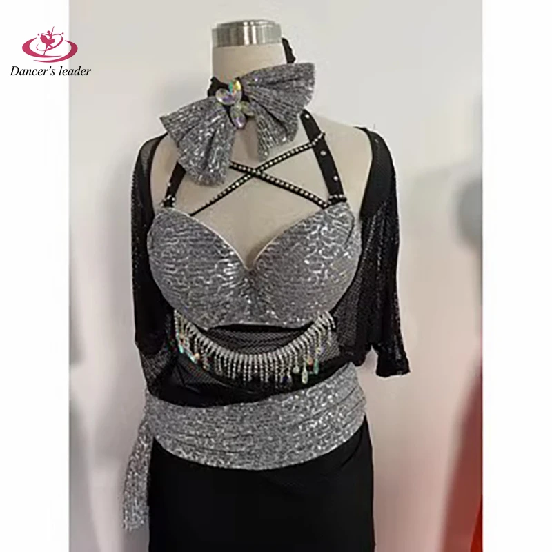 Belly Dance Competition Practice Costume Black and Silver Robe With Diamond Suspender Cape Performance American Dress