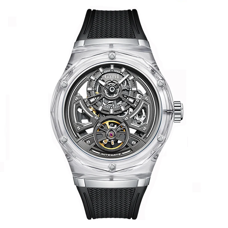BONEST GATTI Men Automatic Watch 45mm Mechanical Wristwatch Crystal Case Sapphire Luminous Fluororubber Strap Skeleton Dial