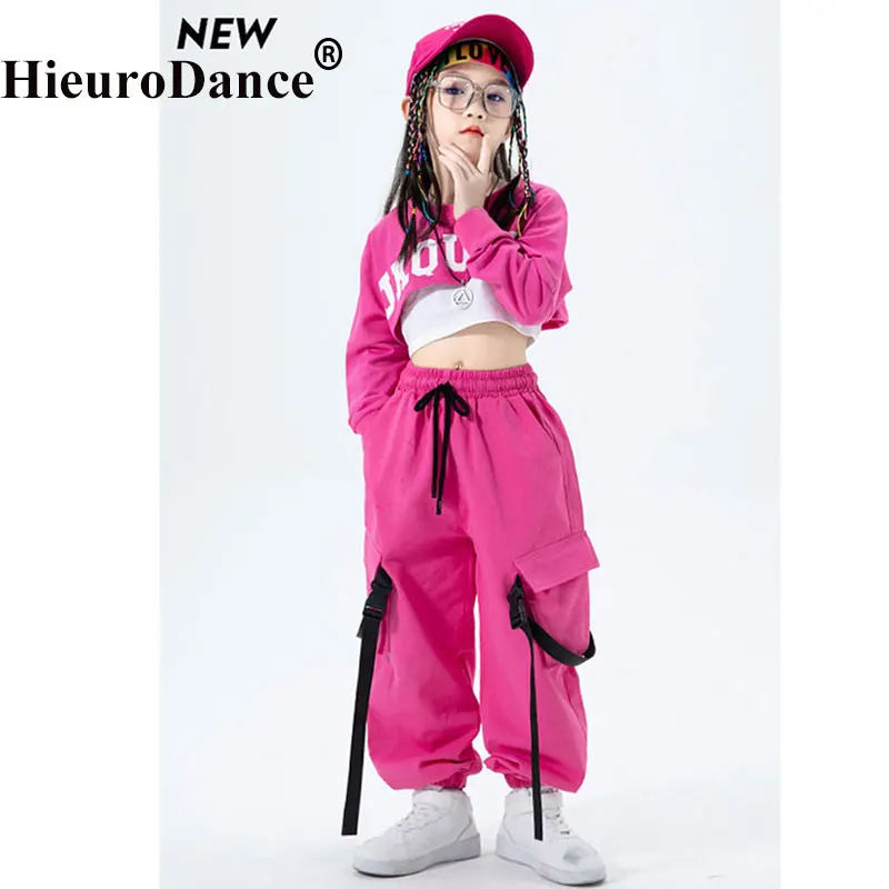 Criança hip hop traje kpop outfits para meninas moletom colheita superior camisa de manga longa tanque calças carga crianças roupas de dança rua
