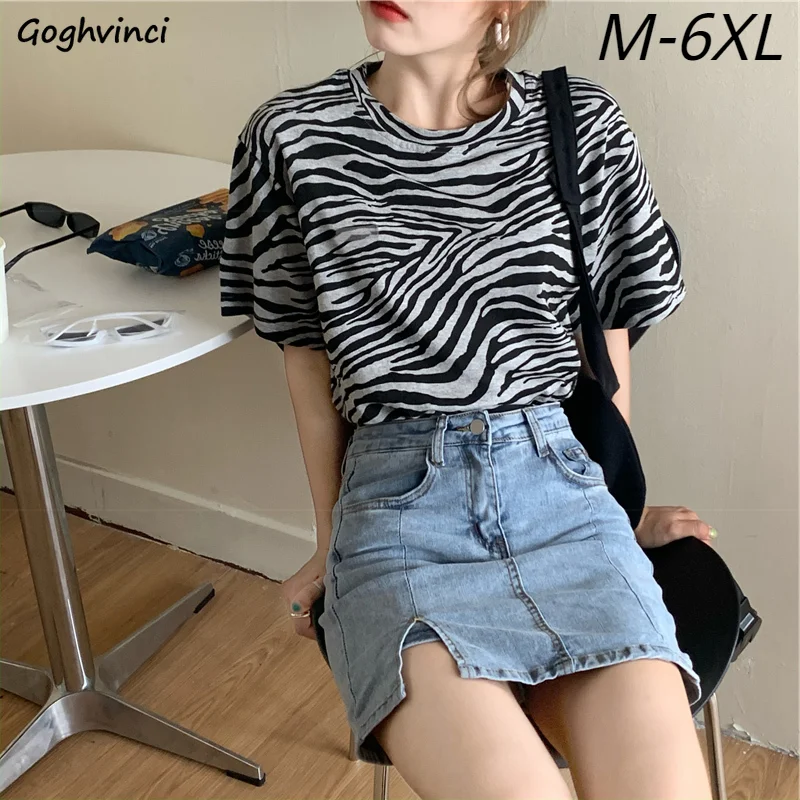 Short Sleeve T-shirts Women Zebra Striped Tops Gentle New 6XL Summer Design Ins Trendy Girls Cool Loose Streetwear All-match Tee