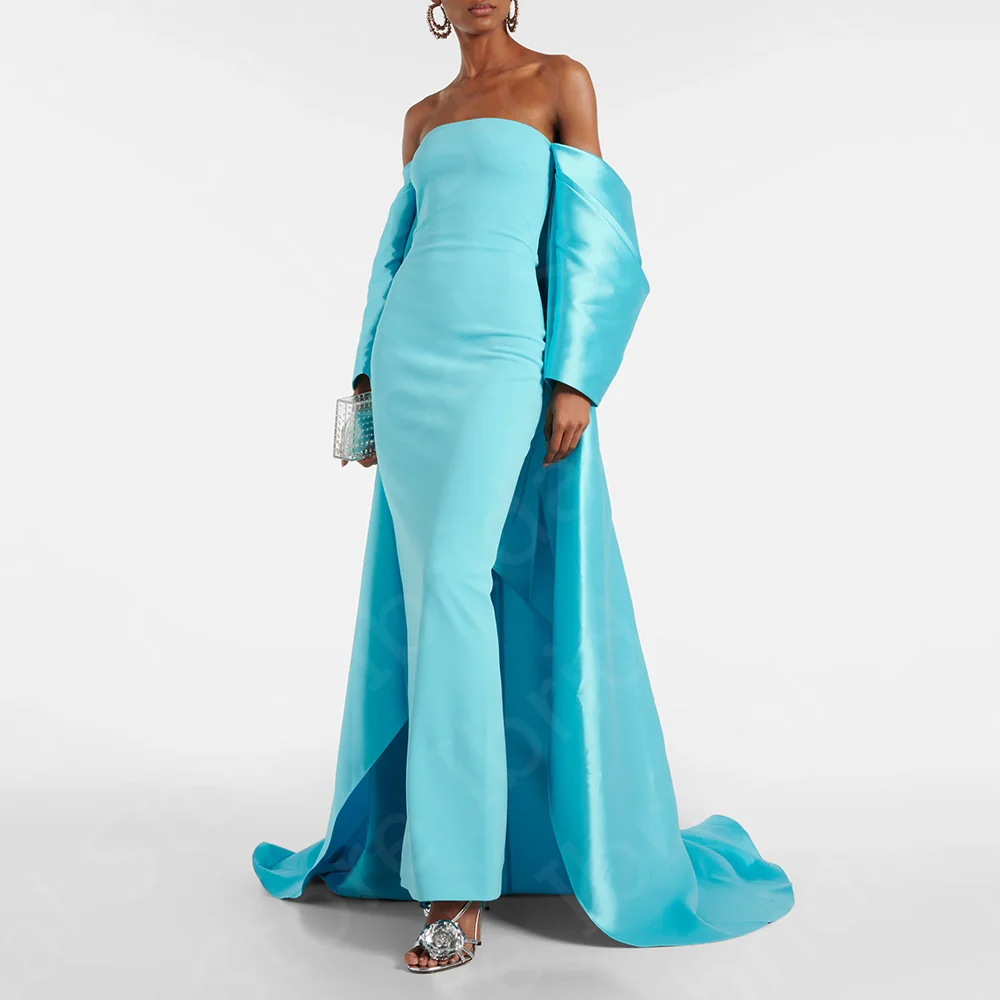 Latest Arrival Sky Blue Prom Gowns Off Shoulder Sleeves Prom Party Dress Strapless Back Slit Wedding Guest Gowns 2024 Bare Back