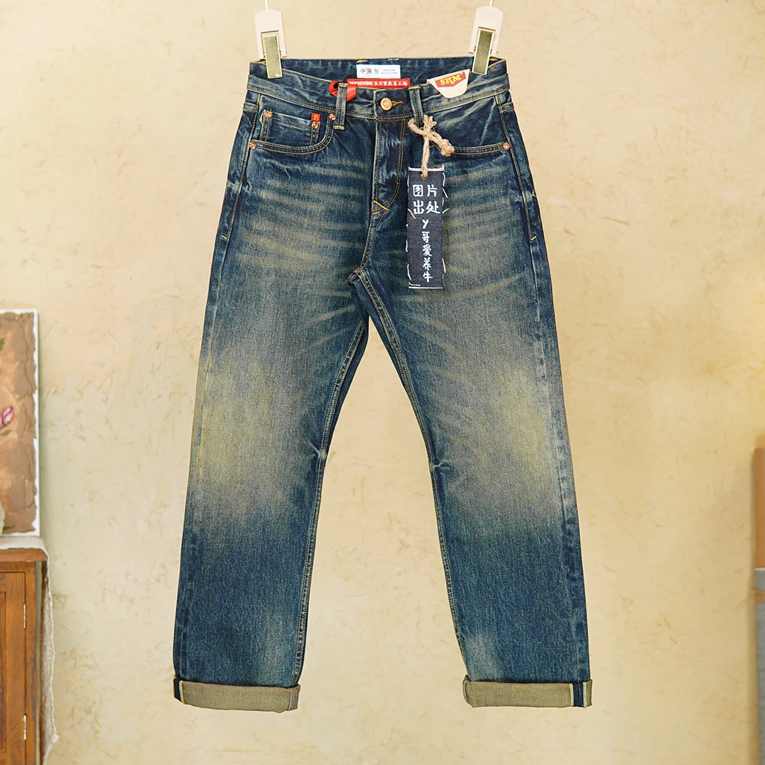جينز رجالي من القطن 100% Selvedge من قماش الدنيم - 16 أونصة مطرز ثقيل الوزن أمريكي عتيق مغسول بأرجل مستقيمة لخريف 2025 5 كجم #2