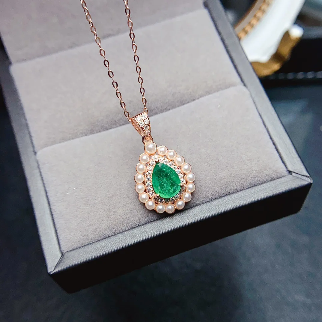 

6*8mm Natural Emerald Pendant Necklace, S925 Sterling Silver Teardrop Gemstone, Elegant Green Jewelry for Women Gift