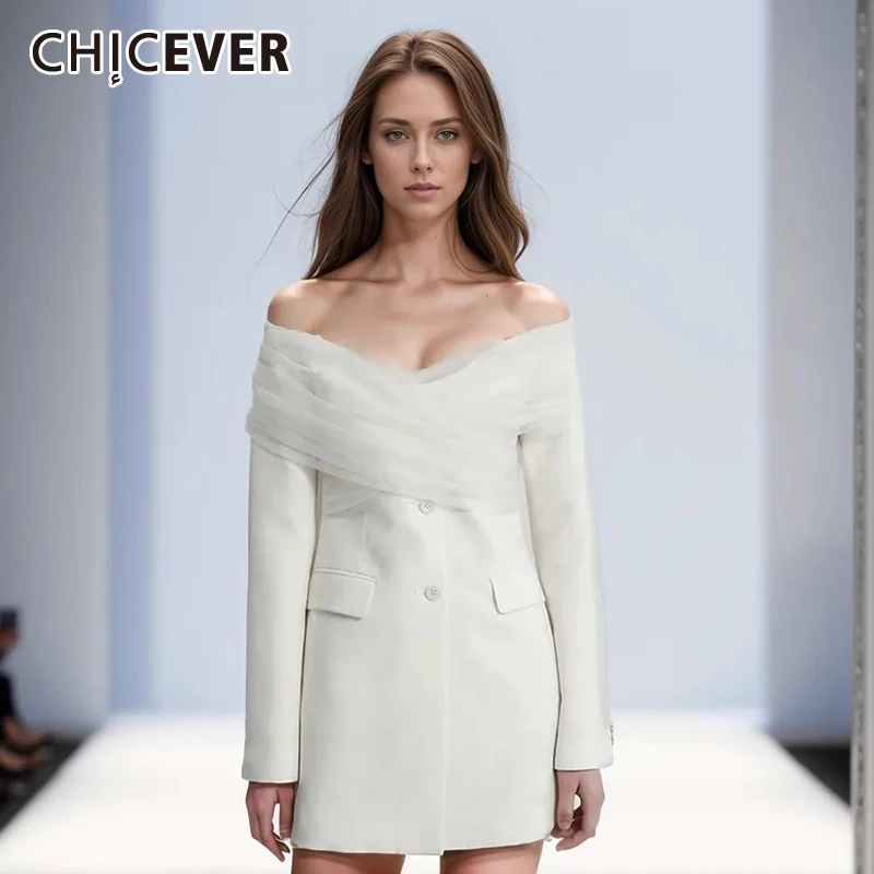 

Solid Spliced Mesh Vintage Blazer For Women Slash Neck Long Sleeve Patchwork Button Designer Blazers Female Clothing Spring New