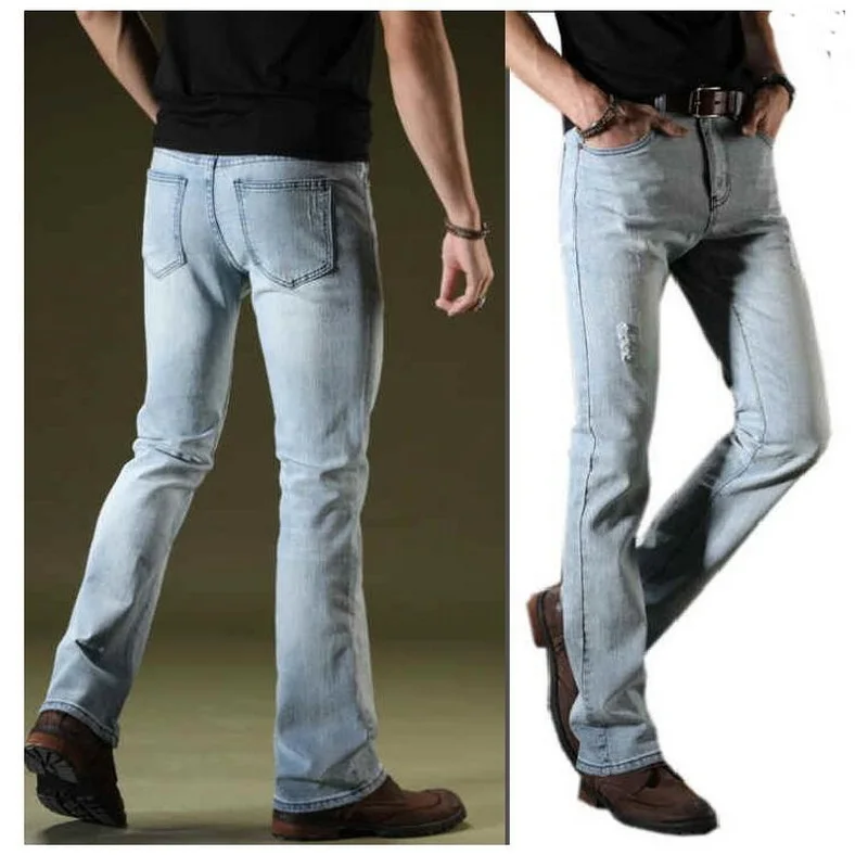 Men's Distressed Washed Jeans Elastic Flared Pants , High Waisted Denim Trousers, Wide Leg Pants