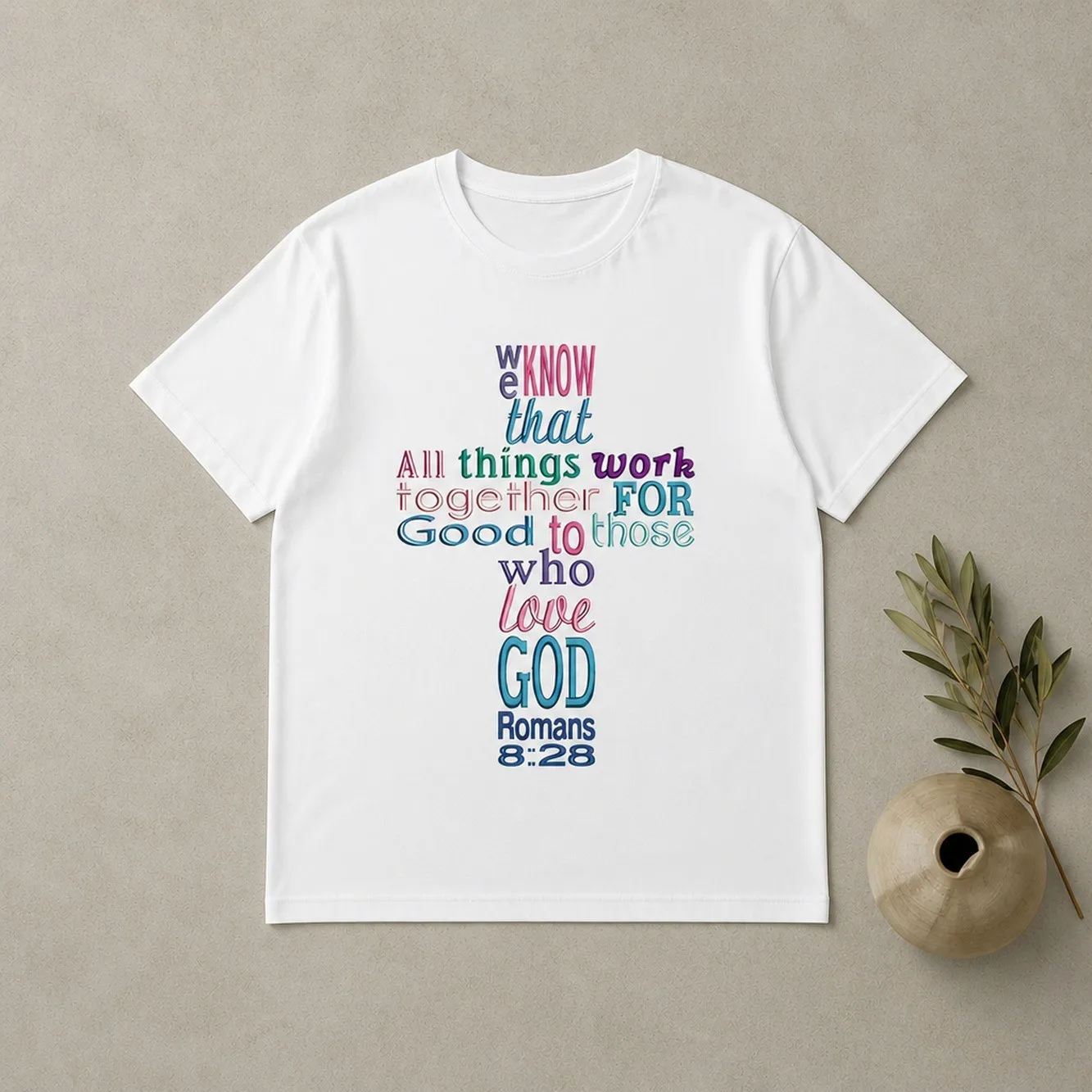 Women's Christian Inspirational T-Shirt - Romans 8:28 Scripture & Colorful Geometric Cross Print, Casual Short Sleeve Round Neck Summer Top, Machine Washable Comfortable Pullover Regular Fit Tee For Faith-Based Apparel