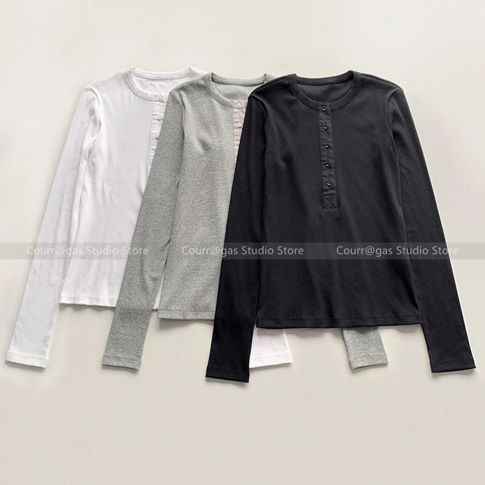 

Nordic niche stitching collar multi-button slim elastic thread organic cotton long-sleeved T-shirt bottoming shirt top