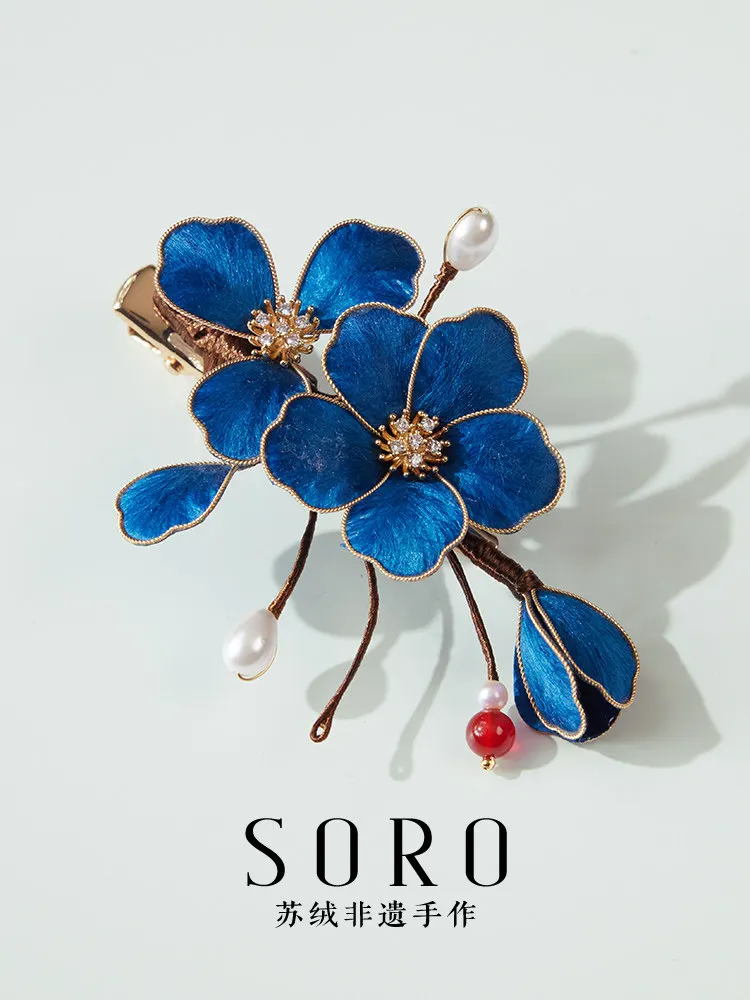 Traditional Chinese Handmade Blue Velvet Flower Hair Clip Pearl Rhinestone Decor Hanfu Hair Accessory Cultural Heritage Craft