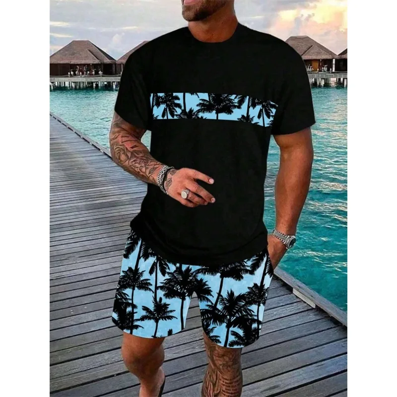 2025 Fashion Summer 3D Hawaiian Coconut Printed Men's Set Street T-shirt Shorts Two Piece Set Short Sleeve Breathable Sportswear