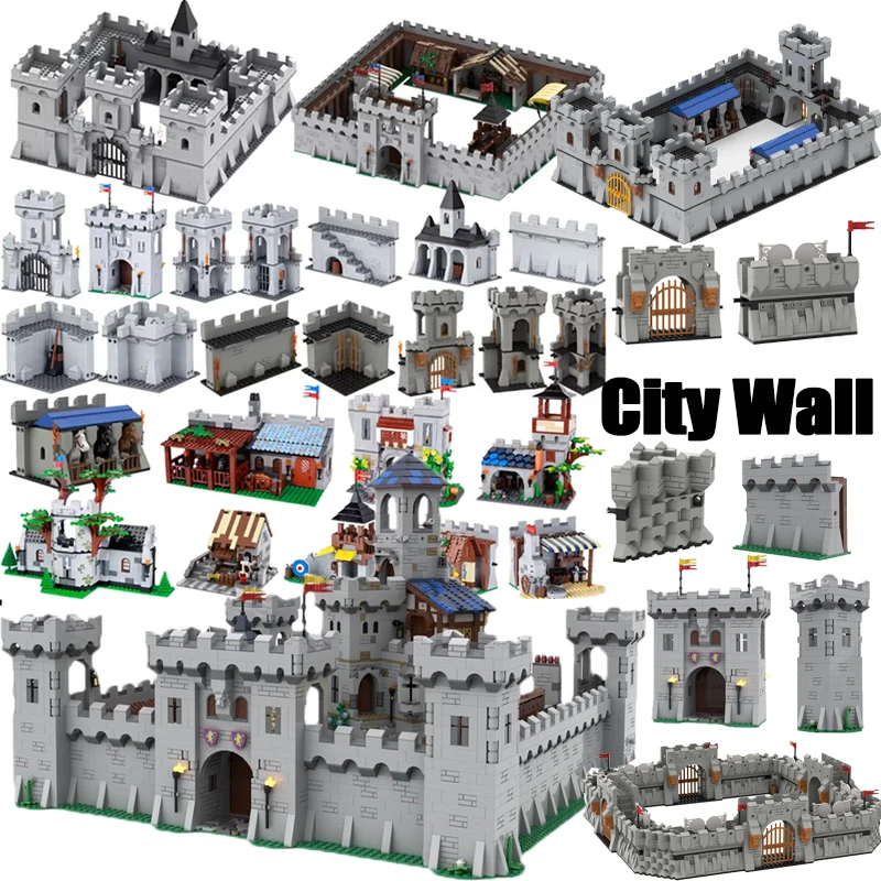 MOC Medieval Military Castle Building Blocks Ancient City Wall Gate Tower Cabin Stable Lion Rome Knight Weapon Bricks Toys Gifts