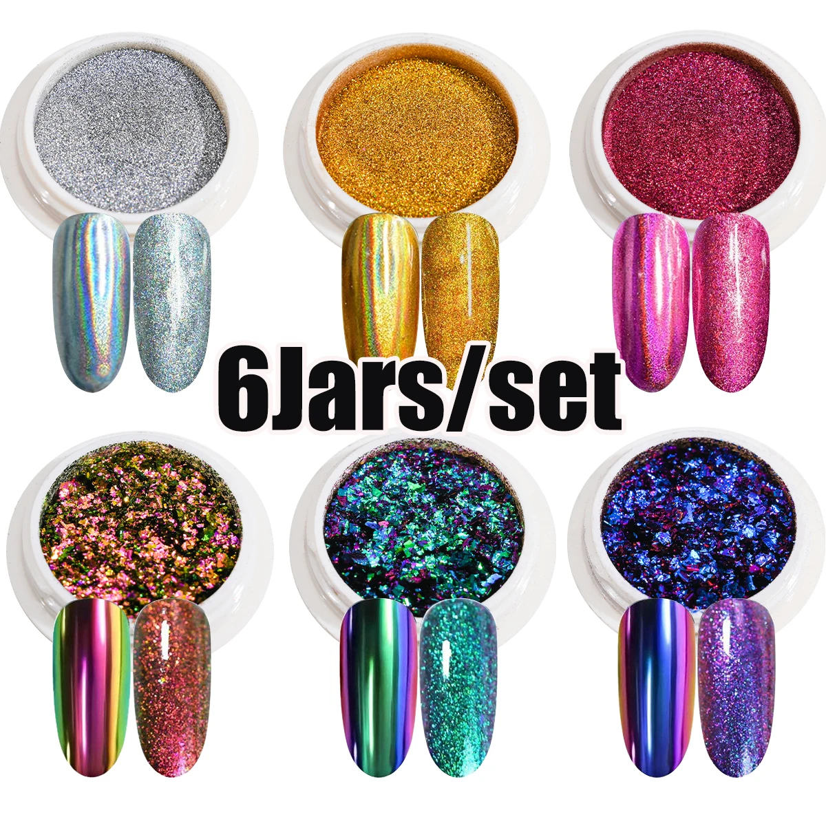 6Jars Chameleon Nail Glitter 3Colors Gold Silver Metal Mirror Powder 3Colors Opal Glitter Sequin With 3pcs Sponge Mirror Powder