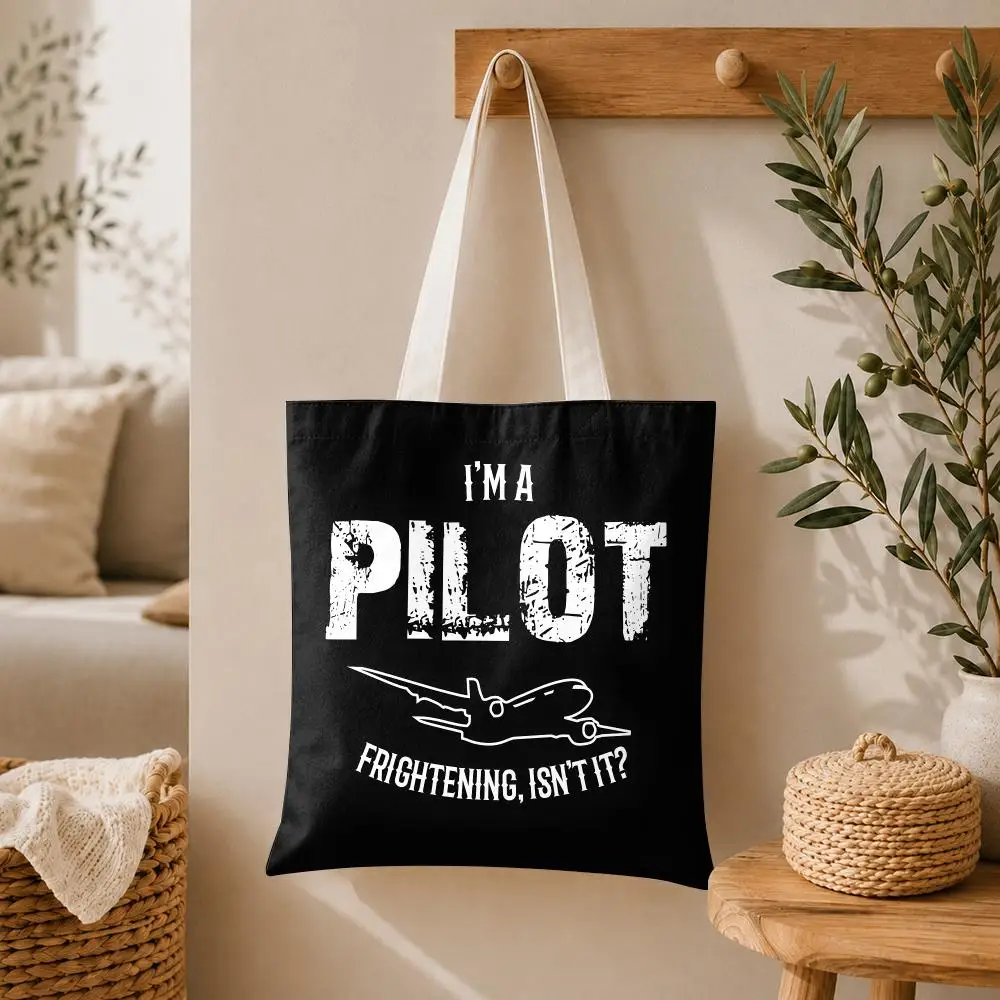 Aircraft Pilot Print Storage Bags Large Canvas Tote Bag Double-Sided Print Reusable Shoulder Handbag for Daily Shopping