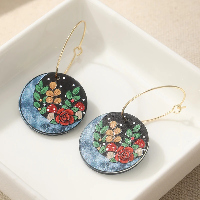 Moon Pattern Dangle Earrings Made of Resin Acrylic Sheet Unique Fall Lightweight Earrings For Women Cute Daily Jewelry