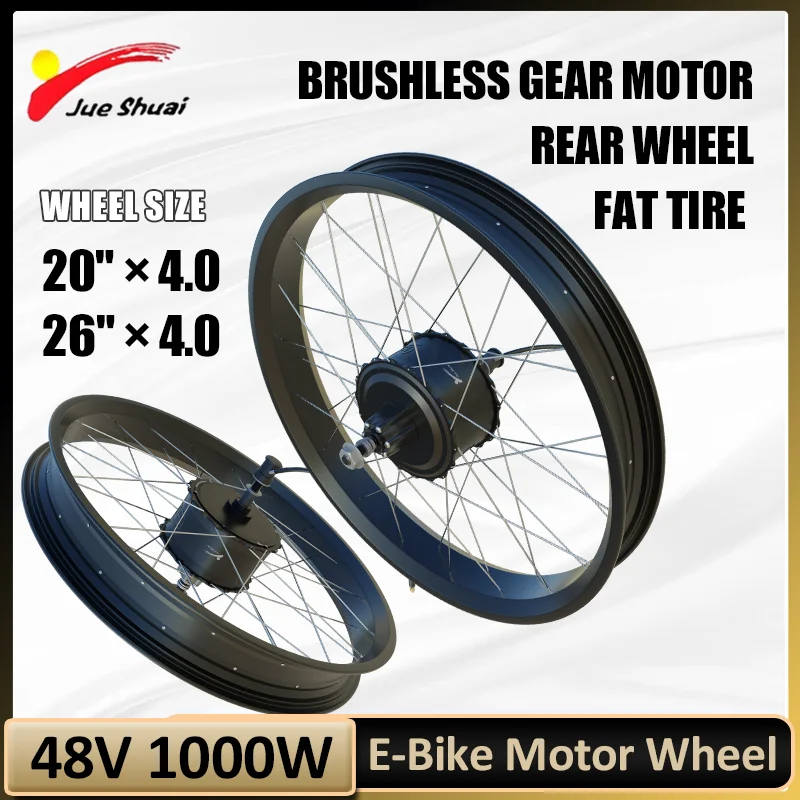 48V 1000W Electric Bike Conversion Kit 20'' 26'' Wheel Size Rear Brushless Gear Hub Motor for Fat Bike Max Speed 45-50KM/H