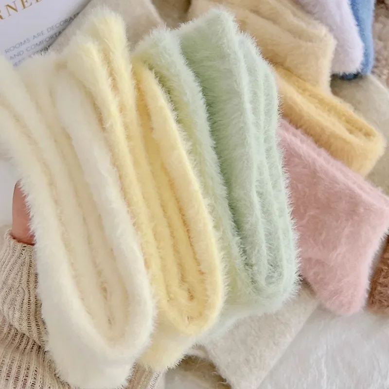 Soft Solid Cozy Hairy Mink Velvet Socks Women Autumn Winter Hosiery Thicken Warm Sleep Bed Floor Home Fluffy Kawaii Sock