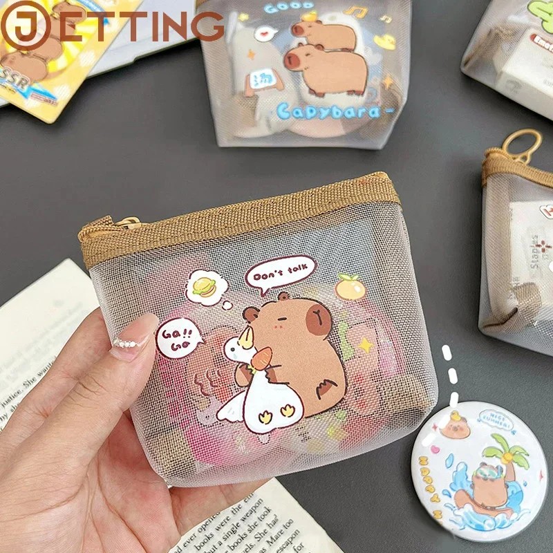 Cute Capybara Coin Storage Bag Transparent Mesh Coin Purses Cartoon Lovely Wallet Portable Waterproof Zipper Bags Gifts