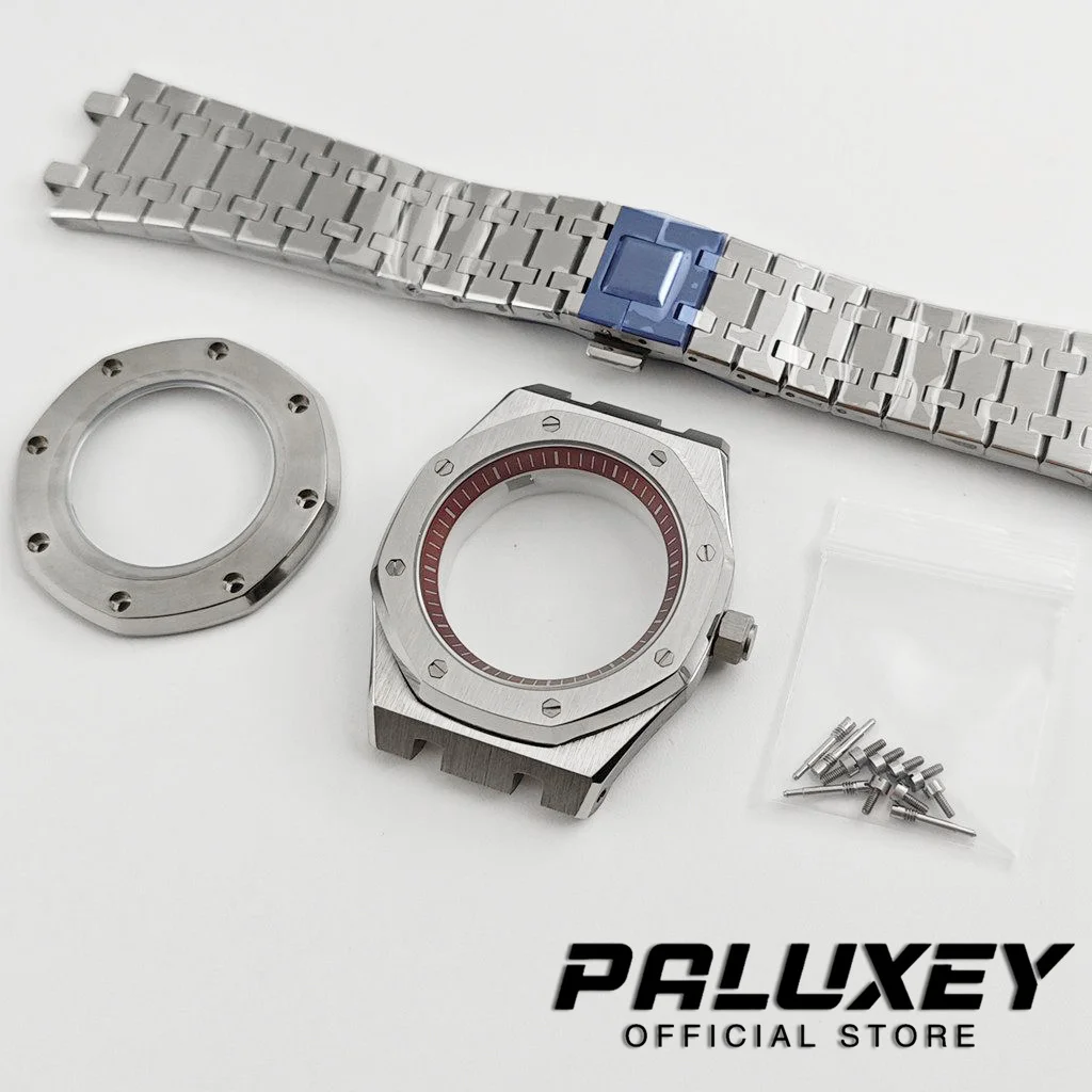 NH35 Sapphire Crystal Stainless Steel Octagon Mod Watch Case With Red Chapter Ring Fit NH34 NH35 NH36 Movement 28.5mm Watch Dial