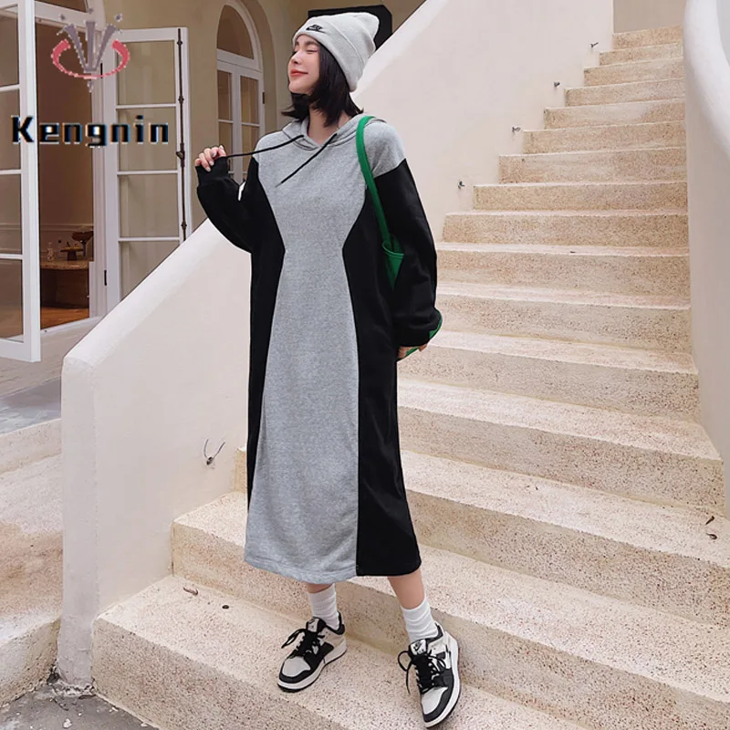 

New 2023 Autumn Women Hooded Hoodies Dresses Plus Size Loose Patchwork Color Lady Vestido Mid-Long Female Robe Pullovers KE2939