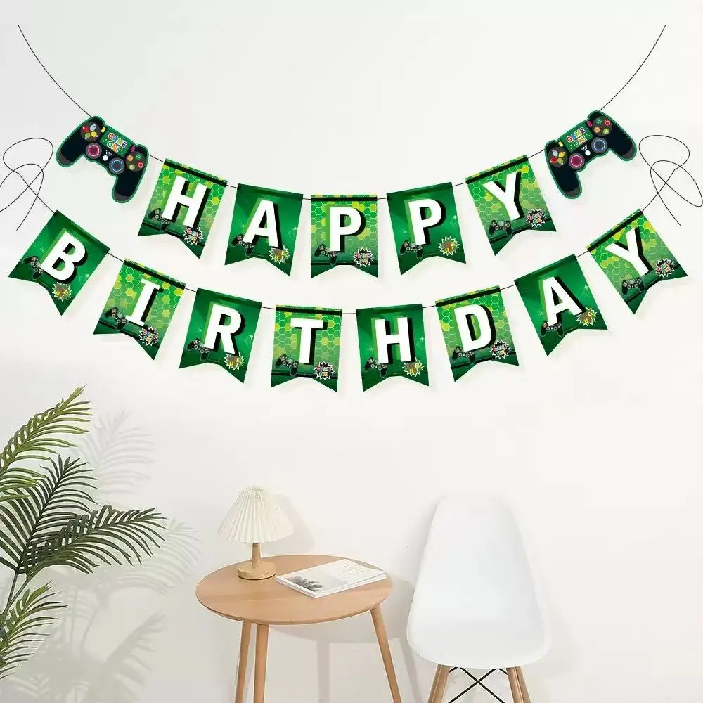 5 pcs blue and green games, happy birthday, flag raising controller, balloons, boys' birthday theme, party decoration - view 2