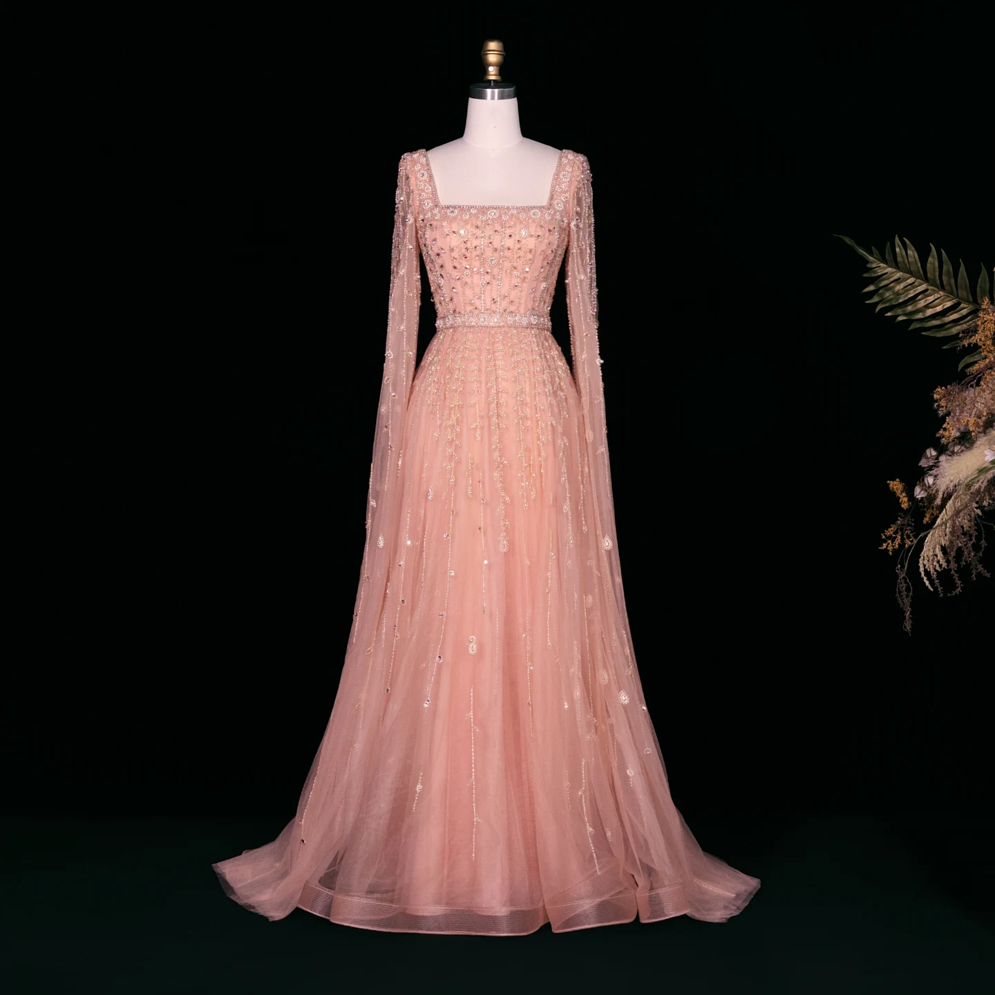 Sharon Said Luxuriöses Flieder-Champagner-Abendkleid mit Quadratischem Ausschnitt und Ärmeln, Rosa Muslimisches Abendkleid für Hochzeitsfeier, SS494 Maßanfertigung – Detail 7