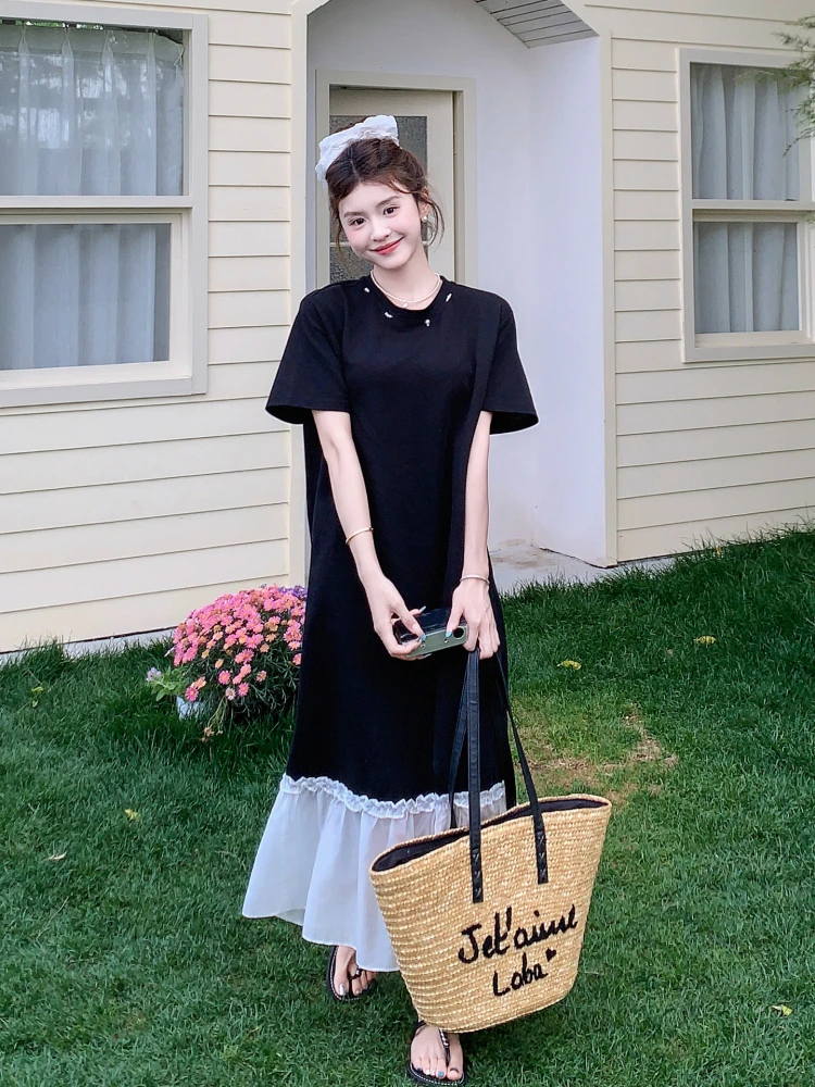 Bla ample décontracté femmes Dr été nouveau Unique beau t-shirt Dr taille haute ort Sve mi-longue jupe trapèze