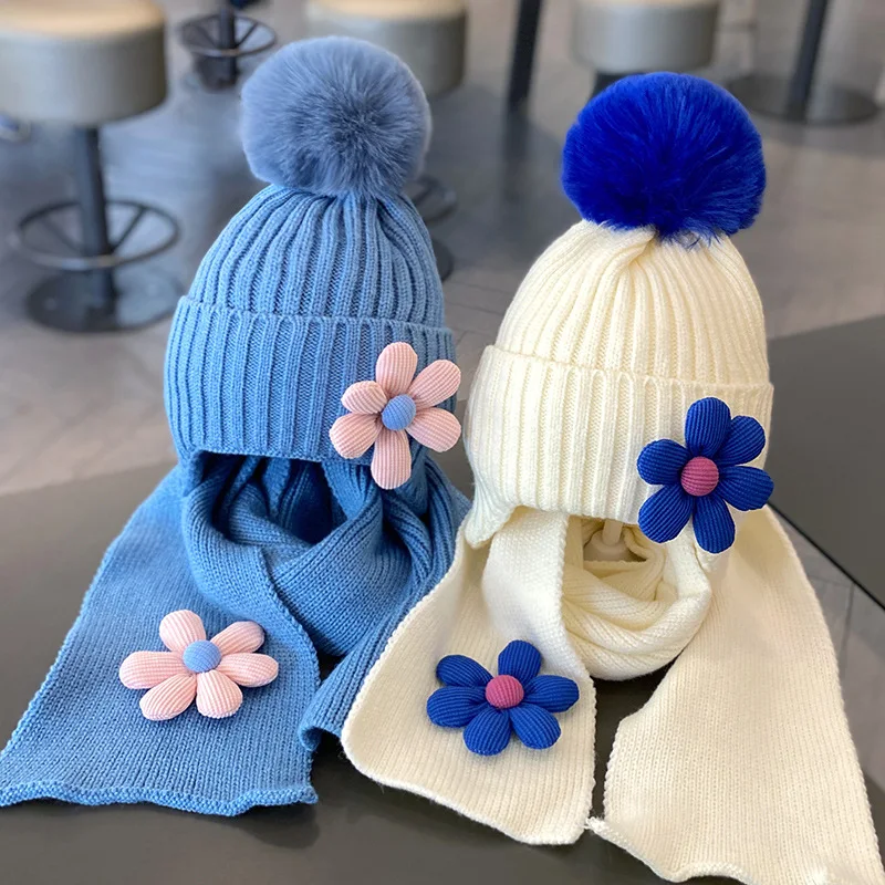 12 Colors Winter Girls Warm Cute Flower Knitted Hats Children Outdoor Beanie Hat with Scarf Kids Cap Headwear Accessories 2-5Y