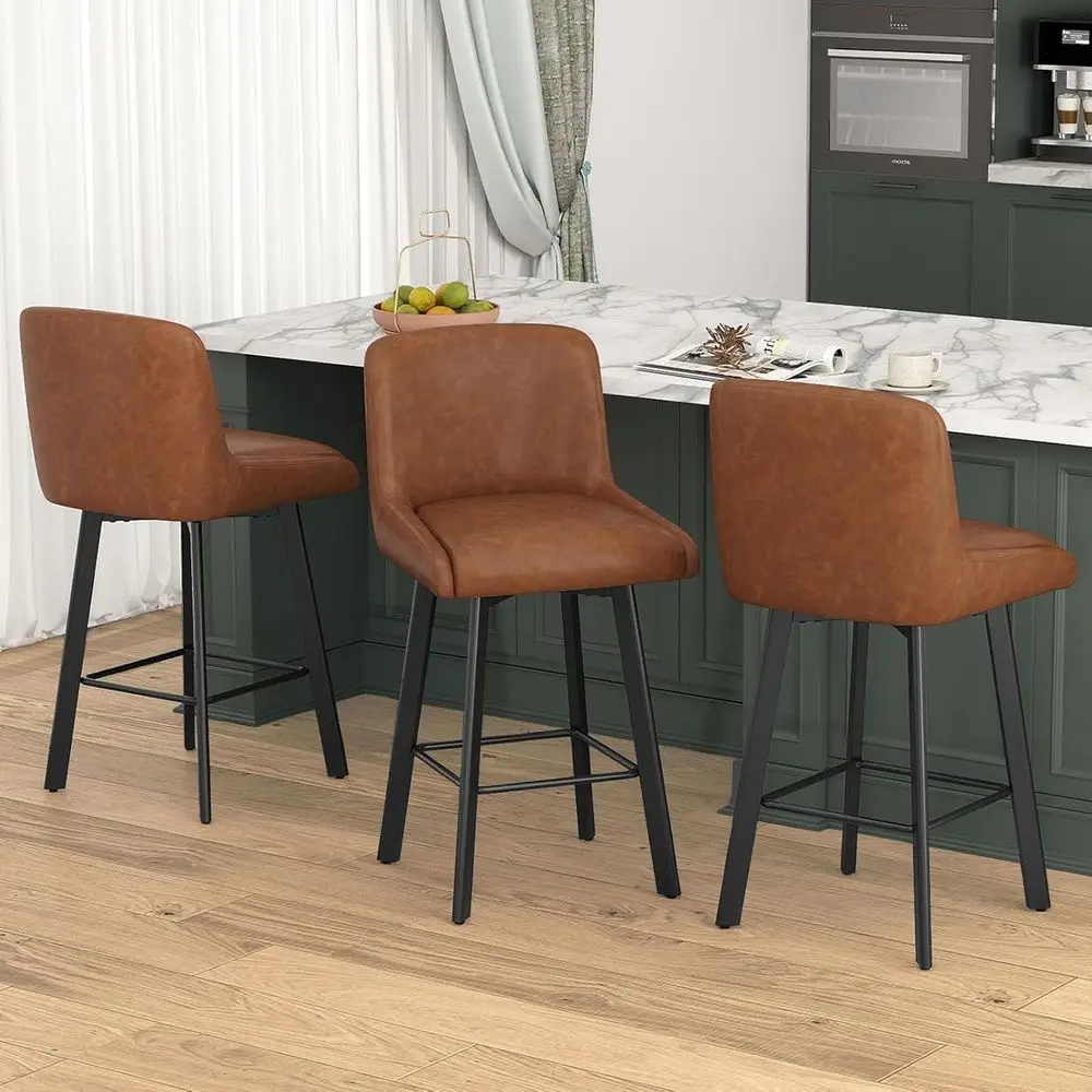 

Set of 3 Modern 26 High Upholstered Swivel Bar Stools with Backs, Brown Faux Leather, Suitable for Kitchen Islands Customized