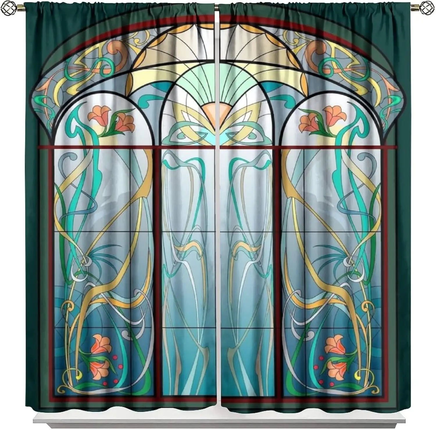 Stained Glass Window Curtains,Beautiful Colorful Art Nouveau Stained Glass Window,Western Europe Architectural Style Geometric