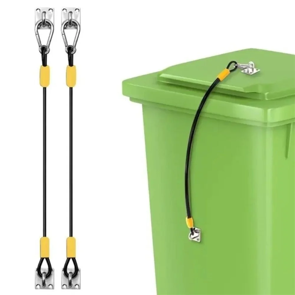 Outdoor Trash Can Lid Lock Solution Using Stainless Steel Components and Vinyl Coated Wire Rope to Block Animal Entry