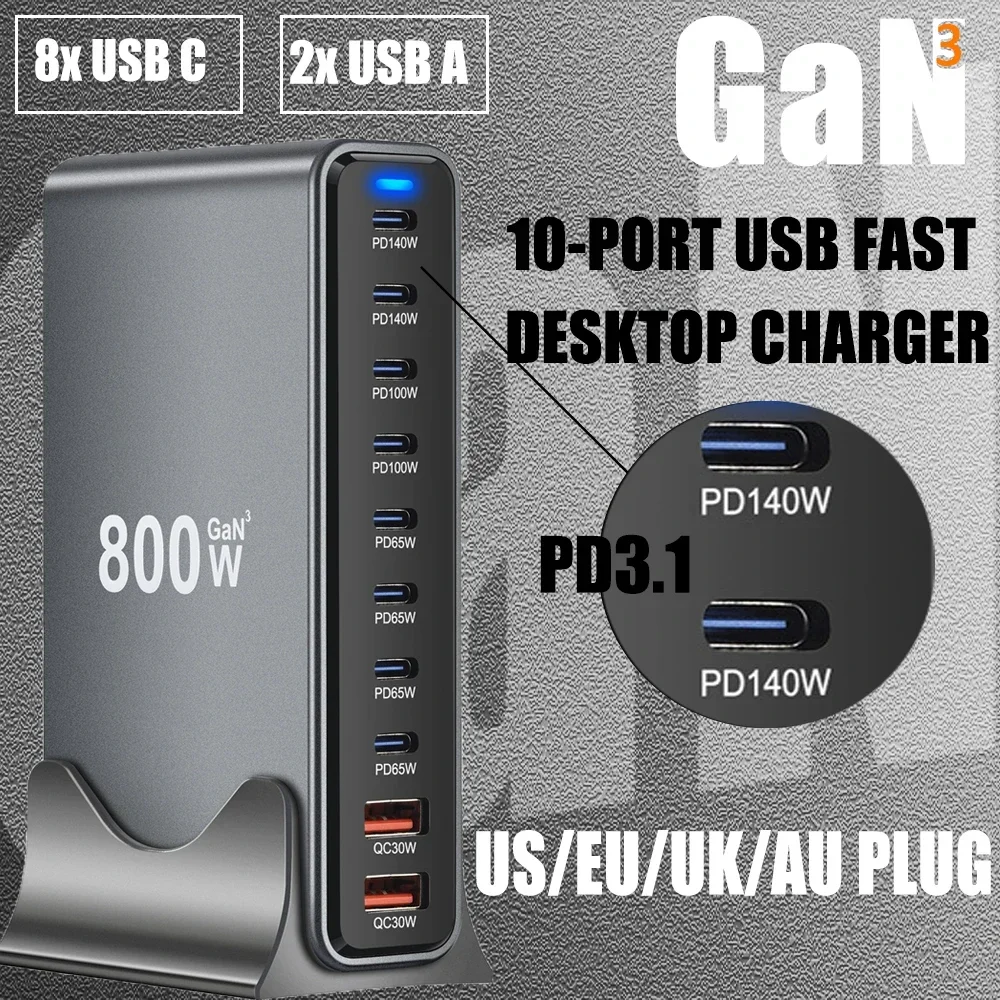 

800W GaN Multi-Ports Desktop Charging Station 10 In 1 QC USB C Charger For MacBook Pro/iPhone/Samsung S24/iPad Quick Charger