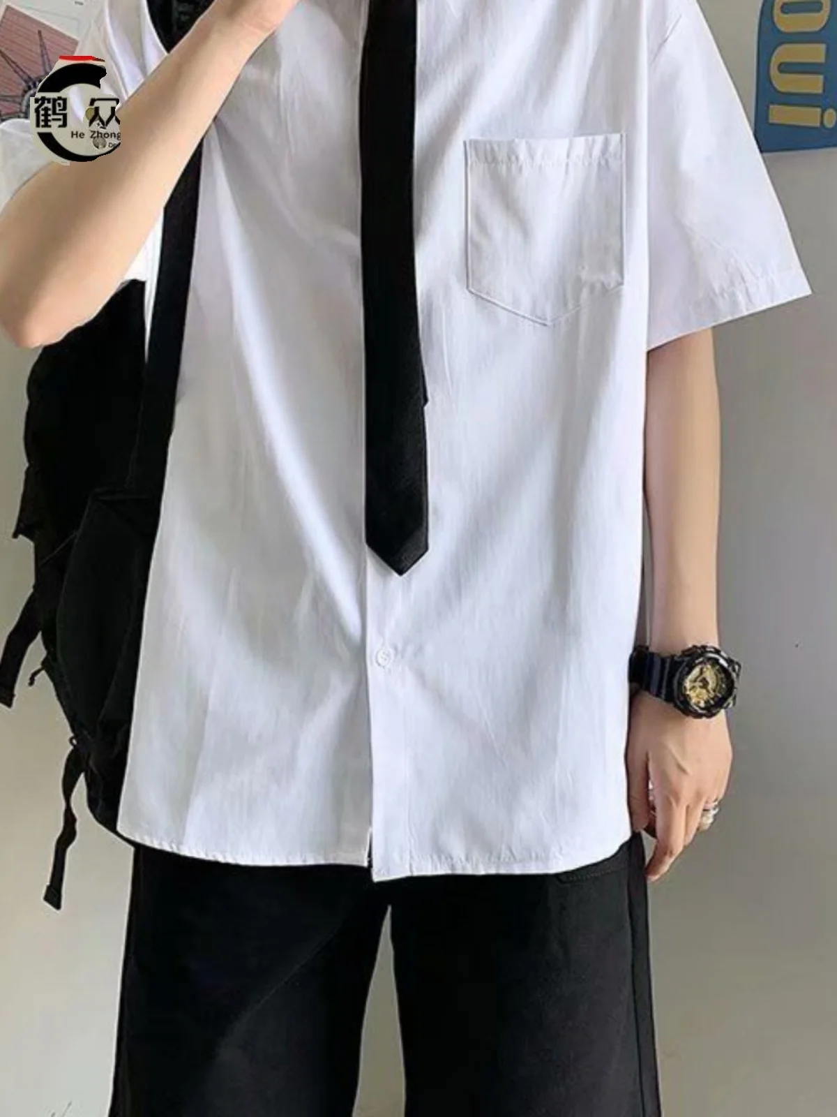 Casual Long Sleeve Men's Shirt Hong Kong Style Student Class Uniform Loose Fit College Wind White Button-Down Autumn Fashion