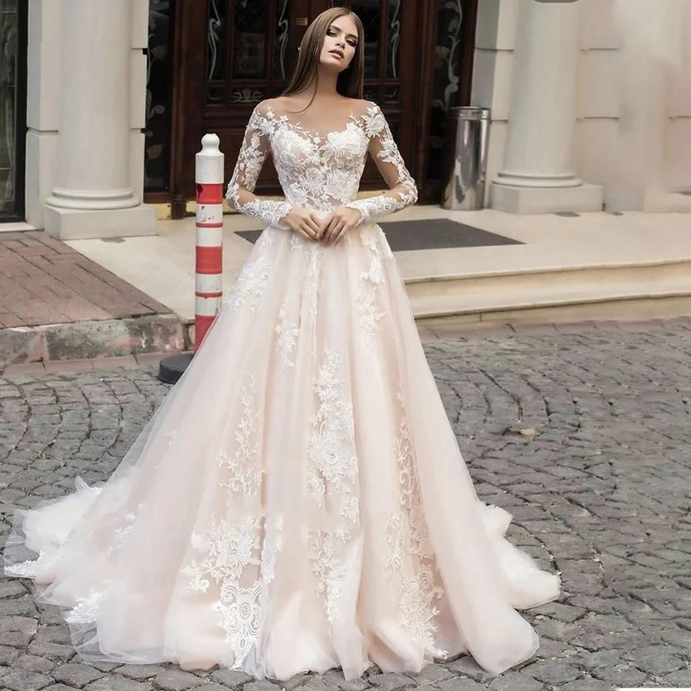 Vestidos de casamento requintados para mulheres, vestidos de noiva, apliques de renda, mangas compridas, o pescoço, vintage, luxo, 2024