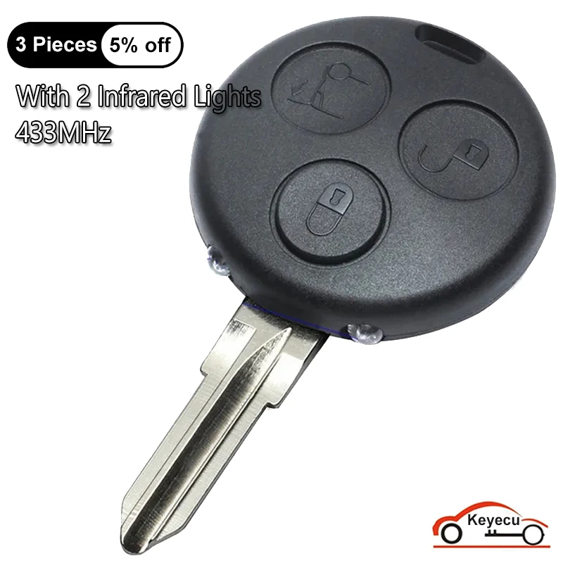 

KEYECU 3 Buttons 433MHz for Mercedes Benz Smart Fortwo Forfour Roadster City Passion Remote Control Key With 2 Infrared Lights