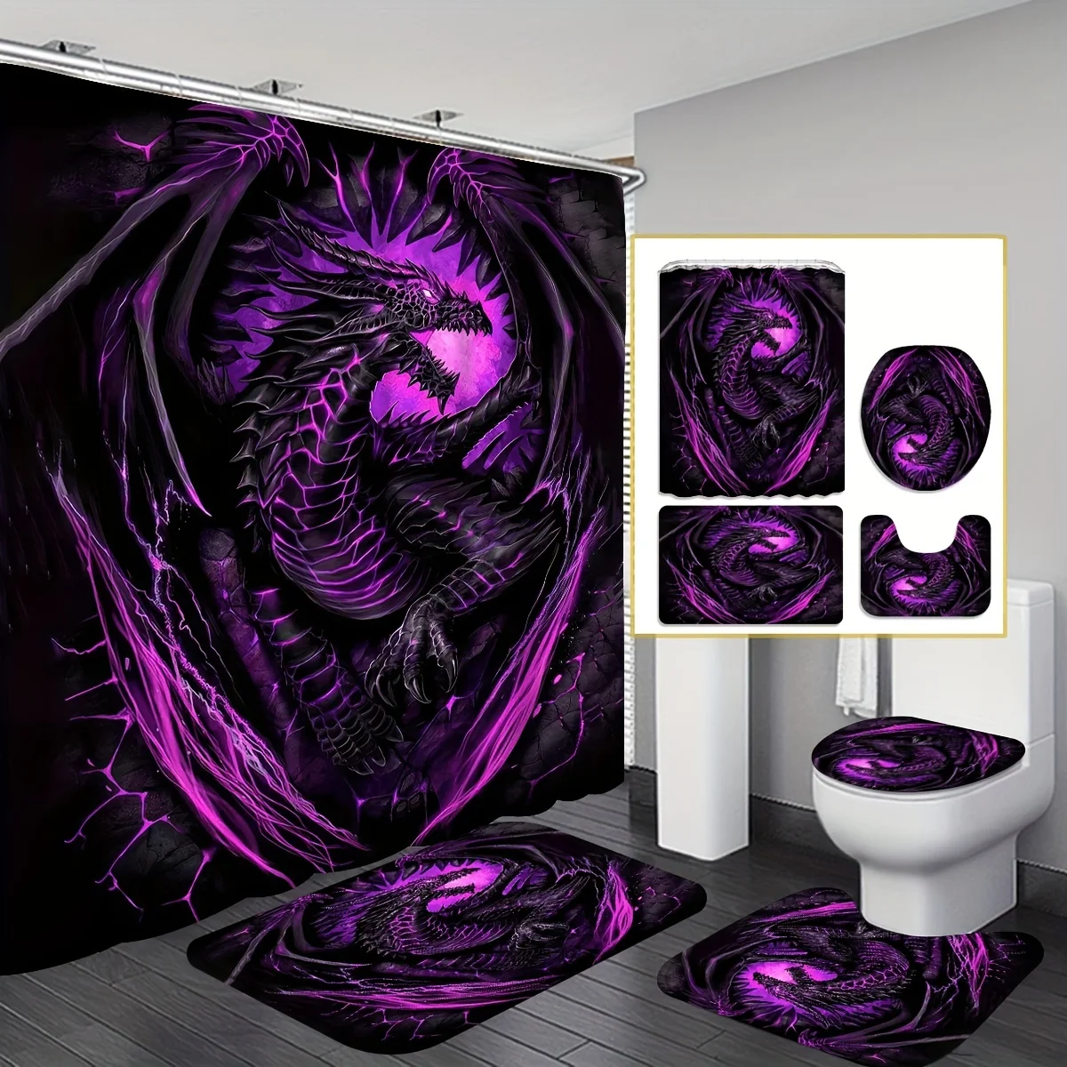 Evil Flying Purple Dragon Dream Bathroom Set - Waterproof Shower Curtain, Toilet Lid, Bath Mat, and Contour Mat
