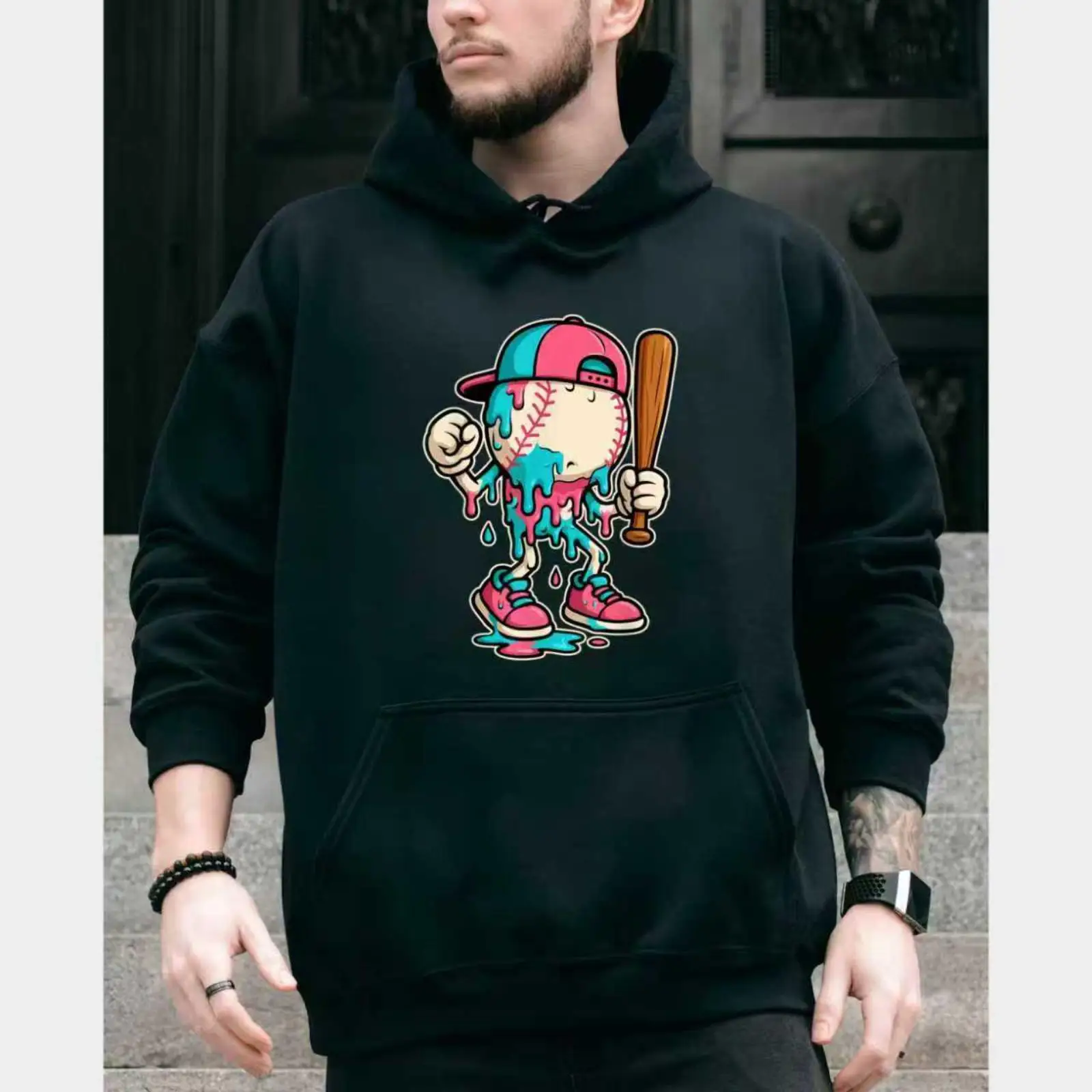 

Baseball Hoodie Streetwear Cartoon Graphic Sweatshirt Hip Hop Urban Fashion Oversized Pullover for Men and Women