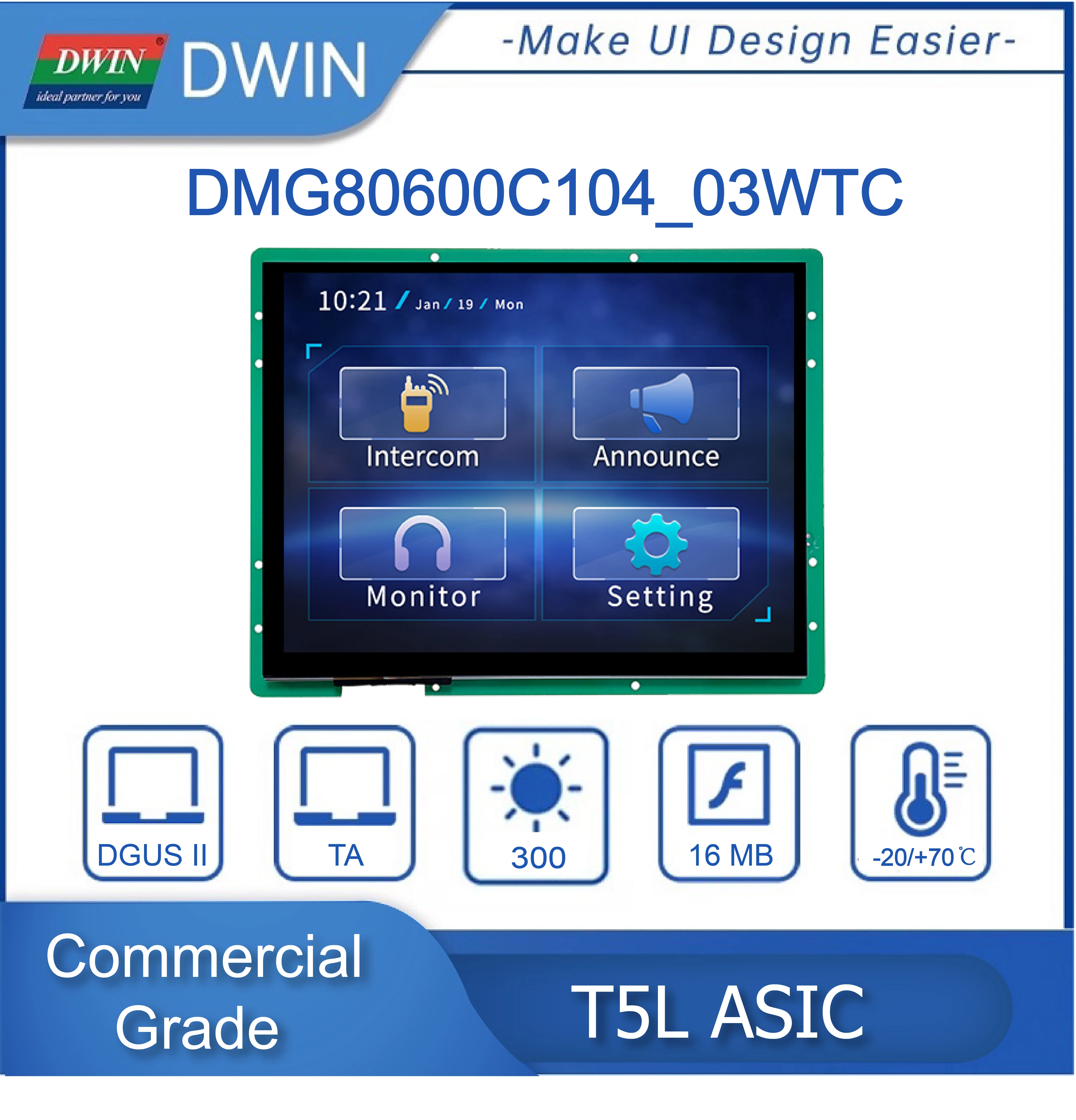 

DWIN 10.4 Inch 800x600 TFT LCD Display Module TTL/RS232 UART Capacitive/Resistive HMI For Arduino DMG80600C104_03W