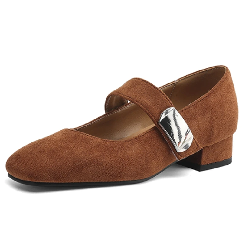 Classic Mary Jane Shoes for Women Square Low Heel Ankle Strap Suede Brown Black Party Ladies Dress Shoes Comfortable