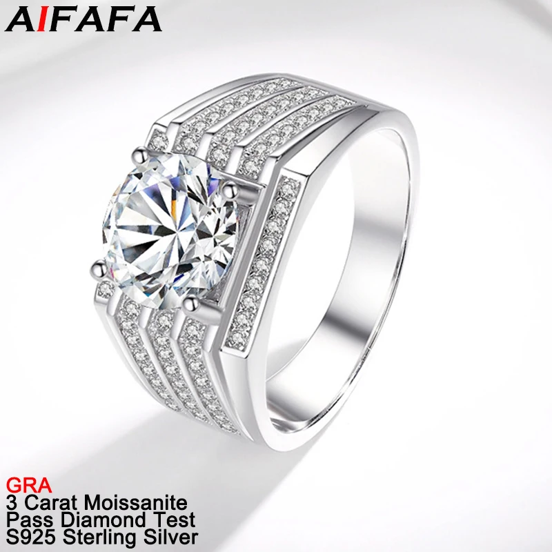 

3 Carat Real Moissanite Rings for Men S925 Silver Moissanita Lab Diamond Thick Solid Finger Ring Gift Wedding Fine Jewelry GRA