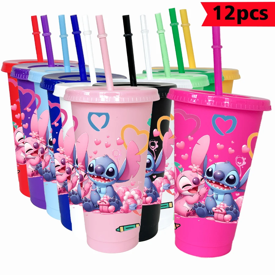 

12 Pcs/pack Disney Stitch Love Print 26oz Colorful Plastic Tumbler Birthday Party Drinkware Juice Coffee Cup